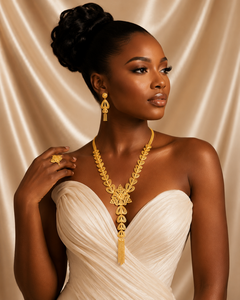 24K Gold Plated Long Floral Charm Necklace Set for Women Nigerian Bridal <b>Wedding</b> Jewelry with Earrings & Ring - Product Image 3