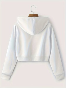 Sweat-shirt à capuche en polaire pour femme, style streetwear, coupe courte, manches longues, couleur unie, pour l'automne/hiver - Product Image 2
