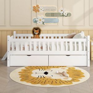 Letto a piattaforma bianco a una piazza e mezza con sponda di sicurezza e 2 cassetti per bambini, per camerette (ETA 2.17) - Product Image 3