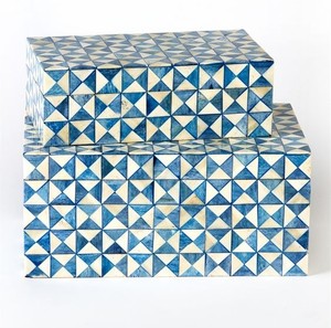 Ensemble de 2 boîtes de rangement à motif géométrique bleu et blanc, organisateur de bijoux, boîte à bijoux rectangulaire en bois - Product Image 1