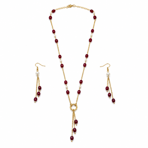 Custom Rhodium Plated Jewelry Set Red <b>Ruby</b> Gemstone Bead Pearl Station Y Lariat Ring Tassel Drop <b>Necklace</b> Earrings Women Jewelry - Product Image 2