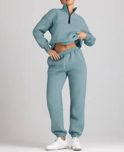 Women's Light Blue Half-<b>Zip</b> Tracksuit Set Full Sleeve Solid Color Casual Sweatshirt And Pants With Side Pockets Autumn Wear - Product Image 6