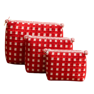 Red Hand Crafted Block Print Quilted Cosmetic Bag Set with White Checkered Pattern Zipper Closure Travel <b>Storage</b> <b>Makeup</b> Pouches - Product Image 1
