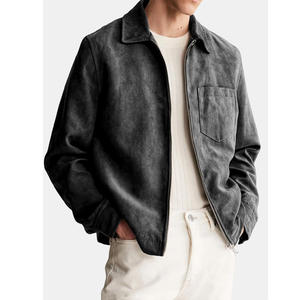 <b>Men's</b> <b>Suede</b> Leather <b>Jacket</b> Workwear Style Turn-down Collar Zipper Closure Solid Color Autumn Wear Regular Fit - Product Image 1