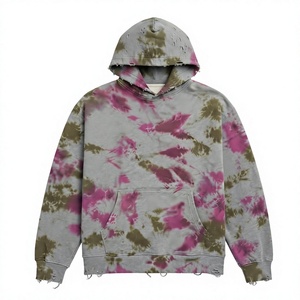 Sudadera con capucha oversize para hombre, tie-dye, con efecto desgastado, dobladillo sin rematar, bolsillo canguro, 100% algodón - Product Image 1