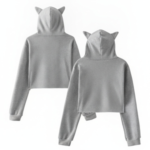 เสื้อฮู้ดครอปท็อปผู้หญิงลายหูแมวน่ารัก สีเทา แขนยาว สไตล์สตรีทแวร์ Y2K พร้อมเขาปีศาจ - Product Image 2