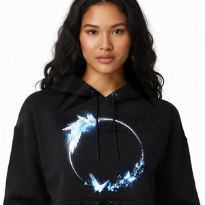 Women's <b>Black</b> Cropped Hoodie With Blue <b>Wings</b> Print Casual Cotton Sweatshirt Front Logo Pockets Autumn Wear - Product Image 3
