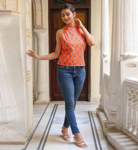 Top de Algodón Naranja para Mujer, Estampado Floral, Corte Regular, Cuello Mao, Diseño sin Mangas, para Uso Casual de Verano - Product Image 4