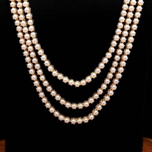 3 Layer Long Pearl Necklace Set 22K Gold Plated Brass Round White Pearl Bridal Jewelry Adjustable Chain for Women - Product Image 2
