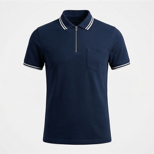 Men's Navy <b>Blue</b> Short Sleeve <b>Polo</b> <b>Shirt</b> With Zipper And Pocket Casual Knitted Solid Design Regular Fit Breathable - Product Image 1