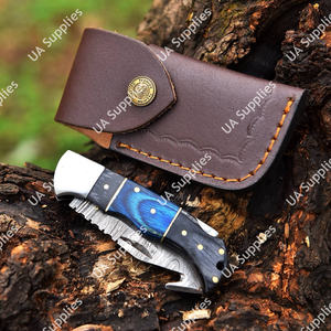 Cuchillo de bolsillo EDC plegable de acero de Damasco hecho a mano, con gancho para tripas, mango de madera Pakka, para camping al aire libre, ODM DIY, ¡Gran oferta! - Product Image 4