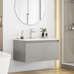 32-Inch Wall Mounted <b>Bathroom</b> <b>Vanity</b> with 1 Big Drawer Soft Close System Ceramic Sink No Handle Design Solid Wood Painted Finish - Product Image 1