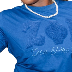 Zeta Phi Beta Sorority Chenille Blue T-Shirt Womens Greek Letter Short Sleeve True to Size Premium Cotton Tee <b>Top</b> - Product Image 4