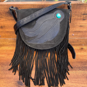 Nouvelle mode de luxe en cuir suédé véritable à franges sac à bandoulière pour femmes outillage plume concepteur pierre turquoise sac à main à bandoulière - Product Image 3