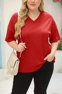 Camisetas de Verano para Mujer, Tallas Grandes, Cuello en V, Color Sólido, Ecológicas, de Media Manga, Estilo Casual, Holgadas, Tipo Túnica, 100% Algodón, 240 - Product Image 6