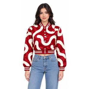 Chaqueta Varsity con Estampado Geométrico Rojo para Mujer, Chaqueta Corta Estilo Bomber, Manga Larga, Cuello Camisero, Relleno de Poliéster, Estilo Otoñal - Product Image 4