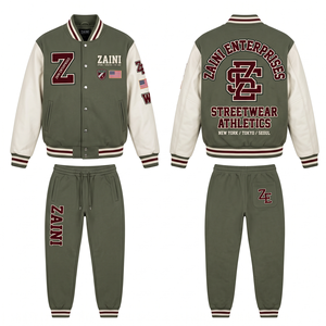 Women Varsity Tracksuit 340 GSM Cotton Polyester Foven Fleece Olive White Chenille <b>Embroidery</b> Custom Logo OEM ODM - Product Image 1