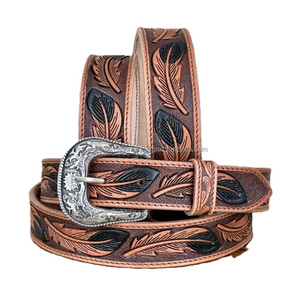 Custom Made Eco Friendly Feather Design Embossed Unisex Stylish Western <b>Leather</b> <b>Tooling</b> Belt at Best Price - Product Image 5