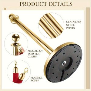 Set di montanti in oro a 4 poli a 3 corde Premium per feste di eventi sul tappeto rosso di 5 piedi corde di velluto rosso montanti in tinta unita inossidabile - Product Image 5