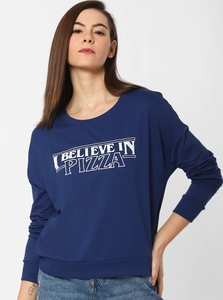 Sweat-shirt à col rond bleu marine pour femme, manches longues, imprimé lettres, haut décontracté, respirant, en coton tricoté, pour l'automne - Product Image 4