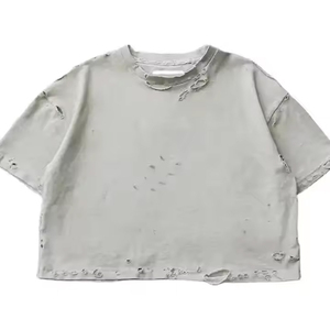 เสื้อยืดครอปสตรีทแวร์ผ้าคอตตอน/ใยไผ่เนื้อหนา พิมพ์โลโก้ตามสั่ง สไตล์วินเทจฟอกสีแบบแอซิด แห้งเร็ว สำหรับผู้ชาย - Product Image 2