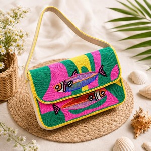 ALI FASHION ART กระเป๋าสะพายทรงสี่เหลี่ยมปักลายดอกไม้ทำมือ ลูกปัดแก้ว ด้ายโพลีเอสเตอร์ ลายทางสีเขียวชมพู ซักได้ - Product Image 4