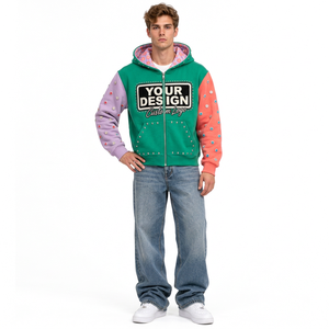 Sudadera con capucha y cremallera para hombre, de algodón, estilo urbano, informal, con bordado en bloques de color personalizados y efecto desgastado. - Product Image 6