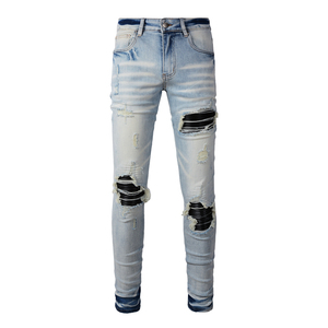 Vaqueros desgastados con parches personalizados, corte holgado y recto, estilo hip hop streetwear, efecto apilado, denim vintage lavado, elásticos Y2K - Product Image 1