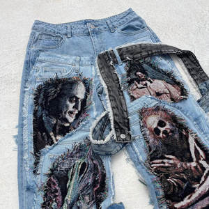 Jean déchiré uni pour homme, style street baggy, hip-hop, coupe évasée, avec logo personnalisé, en promotion - Product Image 2