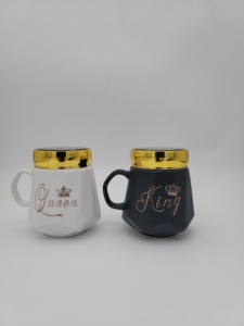 Ensemble de tasses en céramique King Queen avec couvercle doré, tasses pour couple, cadeau de mariage, design moderne et luxueux - Product Image 2