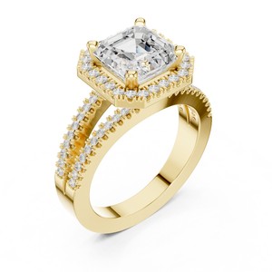 Bague élégante en or massif 14 carats avec diamant de laboratoire de qualité supérieure, taille Asscher 2 carats, certifié IGI, et pierres latérales rondes - Product Image 1