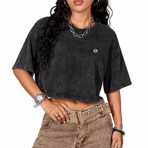 Camiseta Corta de Mujer Vintage con Lavado Ácido de Alta Calidad al por Mayor, Camiseta de Manga Corta con Hombros Caídos, Camiseta Transpirable de Verano para Mujer - Product Image 1