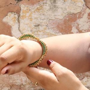 Green Gemstone Gajaah 925 Sterling Silver Regal <b>Gold</b>-<b>Plated</b> Polki Single <b>Bangle</b> with Green Enamel For Women Party Wear - Product Image 1