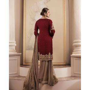 Ensemble haut et bas de créateur faits main, coupe trapèze, avec dupatta, pour tenue de soirée, taille naturelle - Product Image 3