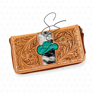 Cartera Boho Western con cuero repujado con pelo, monedero con cremallera, estilo vaquera vintage, bolso de mujer moderno, tarjetero personalizado - Product Image 1