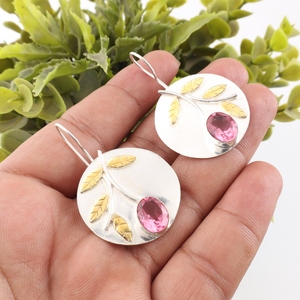 Designer 925 Sterling <b>Silver</b> Bezel <b>Dangle</b> Drop <b>Earrings</b> Wholesale For Women Pink Tourmaline Gemstone Round Leaf Pattern <b>Earring</b> - Product Image 1