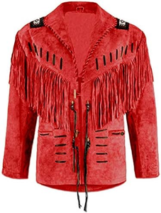 Men’s Premium <b>Red</b> Western Fringe Leather <b>Jacket</b> Vintage Cowboy Tassel Suede Coat with Handmade Detailing Modern Slim Fit - Product Image 1