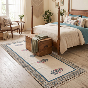 Cotton Handmade Block Printed <b>Rug</b> Eco-Friendly & Anti-Slip Bohemian Style <b>Washable</b> Floor <b>Rug</b> for Home Living Room Bedroom - Product Image 3