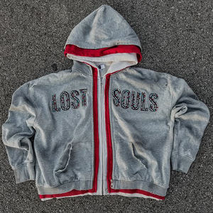 Sudadera personalizada de streetwear para hombre con triple cremallera, lavado ácido, estilo vintage, corte holgado y cuadrado, con pedrería y cremallera, talla grande. - Product Image 2