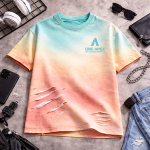 T-shirt unisexe surdimensionné en coton déchiré, effet tie-dye dégradé personnalisé, style streetwear, vente en gros OEM - Product Image 5