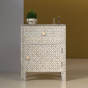 Mesita de Noche Decorativa con Cajón Lateral y Incrustaciones de Hueso, Mueble de Madera Hecho a Mano con Patrón Artesanal Tradicional - Product Image 3