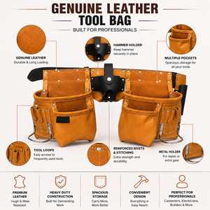 Customizable Genuine Leather Tool Bag Heavy Duty Multi Pocket Tool Belt Organizer <b>Work</b> <b>Pouch</b> for Carpenters Electricians Builder - Product Image 4