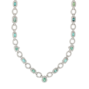 Geometric Link Chain <b>Choker</b> Necklace With Emerald Cut Diamonds Rhodium Plated 925 <b>Silver</b> Women's Luxury Jewelry - Product Image 3