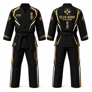 MEGAMAPLE <b>Club</b> Kyokushin Karate Gi Black Gold Sublimated Full Sleeve V-Neck Cotton Breathable Adult Unisex Regular Fit Elastic - Product Image 1