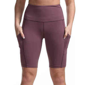 Shorts de yoga taille haute à découpes avec poches, couleur unie, en nylon extensible quadridirectionnel, taille élastique, design à surpiqûres contrastées - Product Image 1