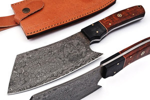 Hand Forged Damascus Steel Cleaver Chef Knife Set Wood Handle 7" Blade Sheath-Multi-Purpose Kitchen Knife-Anniversary Birthday - Product Image 2