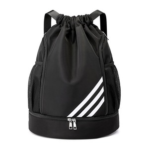 Unisex <b>black</b> drawstring <b>backpack</b> Mesh side pockets for storage Zippered bottom compartment Outdoor sports casual use - Product Image 6