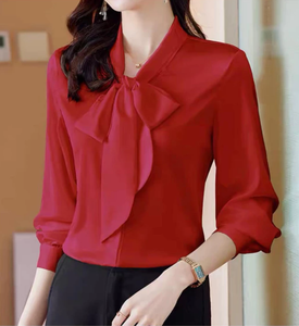 Blusa de Satén Verde con Cuello en V y Lazo, Manga Tres Cuartos, Camisa Formal para Mujer, Color Sólido, Antiarrugas, para Primavera - Product Image 5