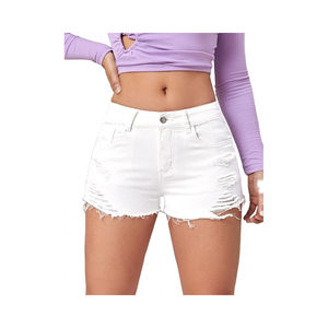 Shorts de mezclilla blancos de cintura alta con dobladillo desgarrado y cinco bolsillos, estilo casual para mujer, tela de algodón - Product Image 1