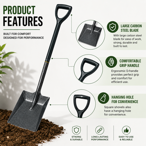 Pelle à bouche carrée avec grande lame en acier au carbone, manche confortable en D et trou de suspension pour travaux de jardinage, de terrassement, de sable, de gravier et de débris - Product Image 3